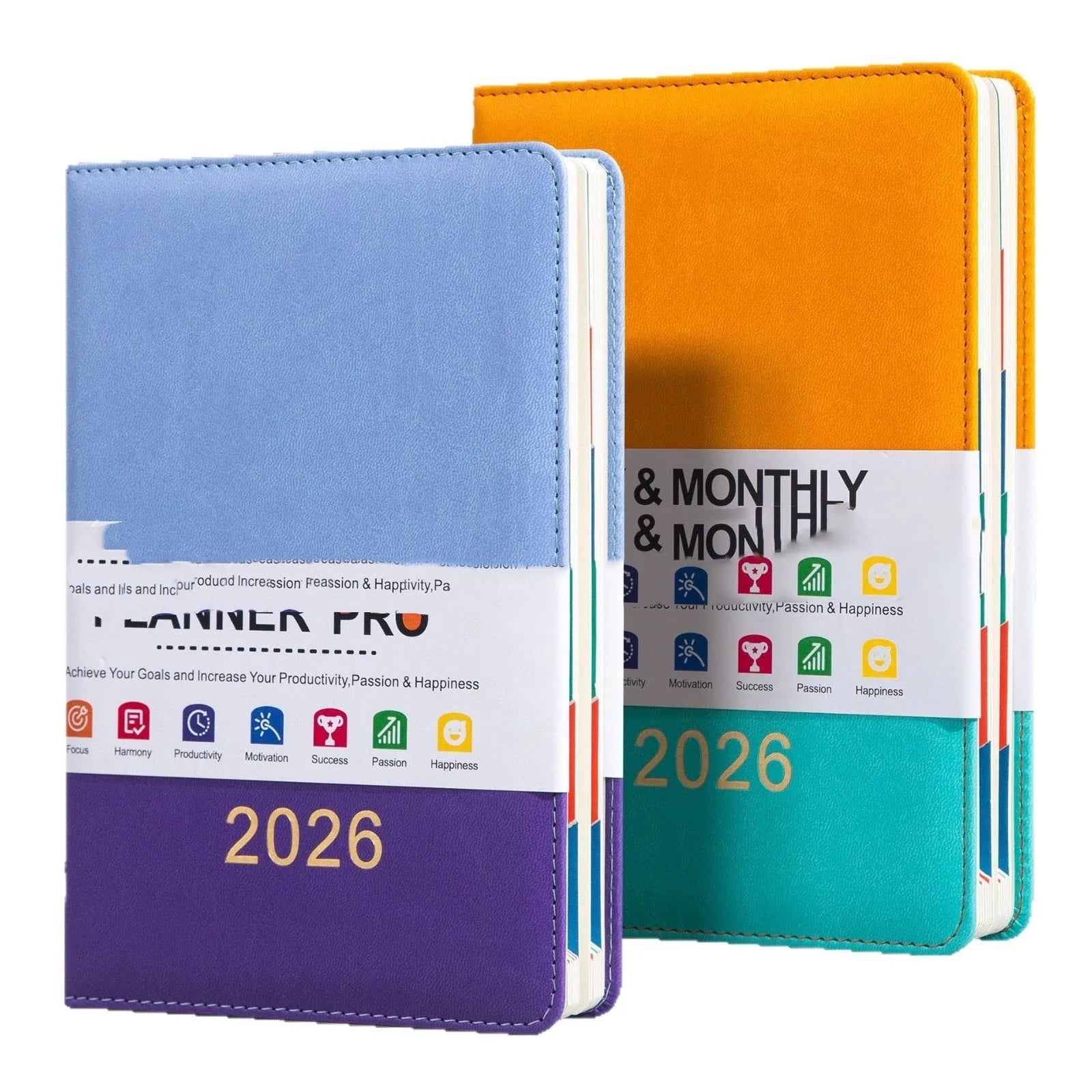 A5 English schedule book with waist seal, imitation leather cover, open to daily page