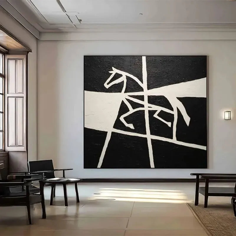 Hand-painted oil painting canvas wall art with black and white horse motif, square modern design, rolled unstretched frameless