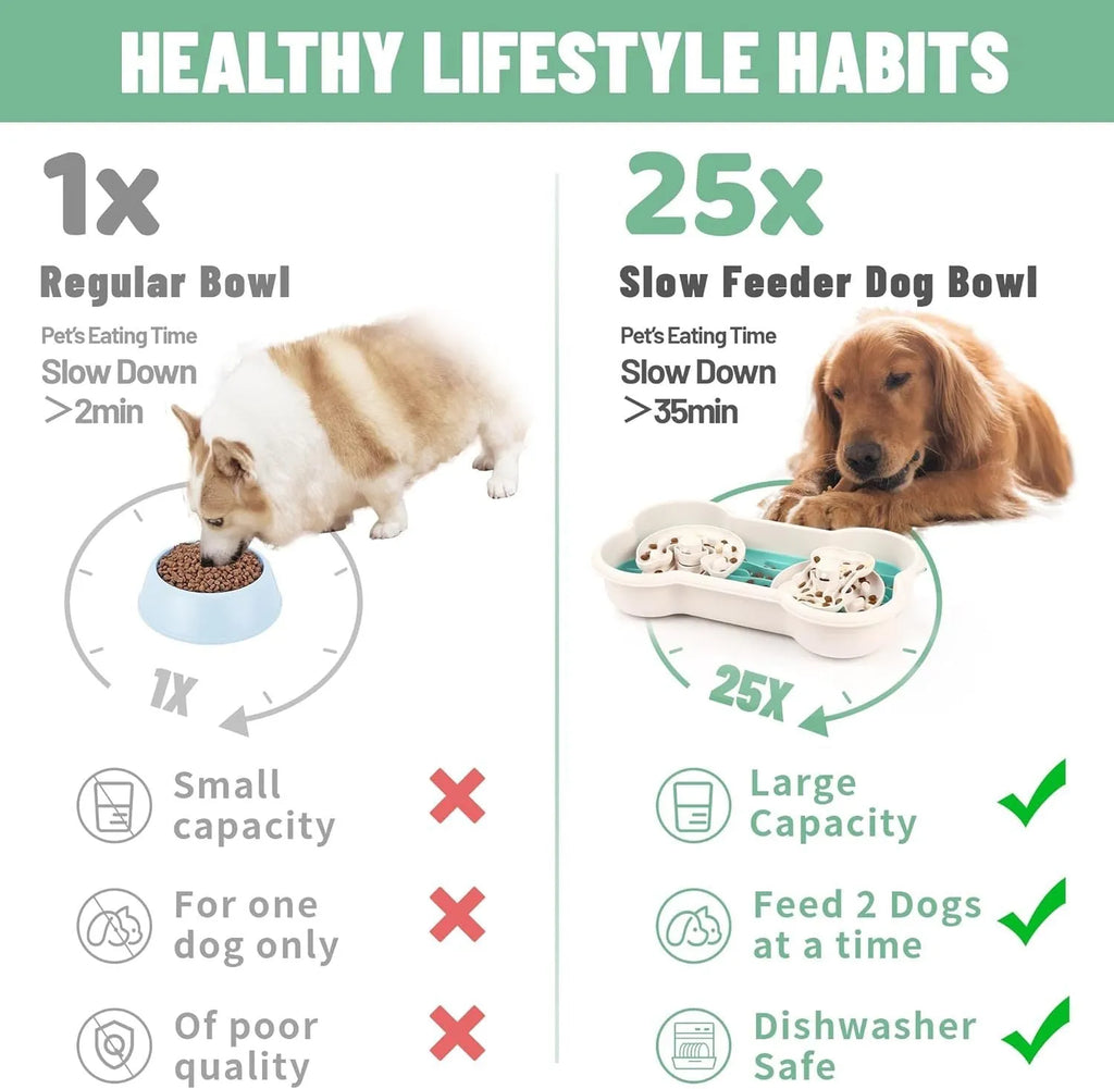 Green slow feeder dog bowl with three removable trays showing wave and groove patterns for large dogs.