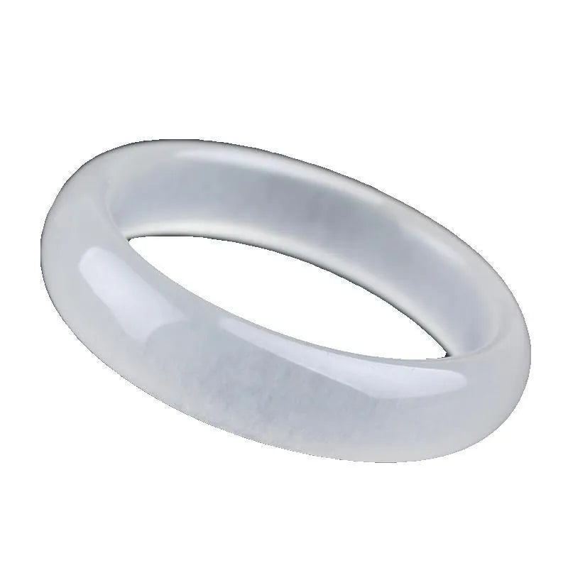 Gao Bing jade bracelet in ice-like white moonlight colour on a wrist, showing flat rod and round rod style options.