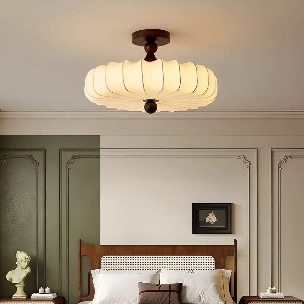 Mid-ancient French retro fabric ceiling lamp with ash wood frame in walnut colour, 30cm diameter with fabric shade