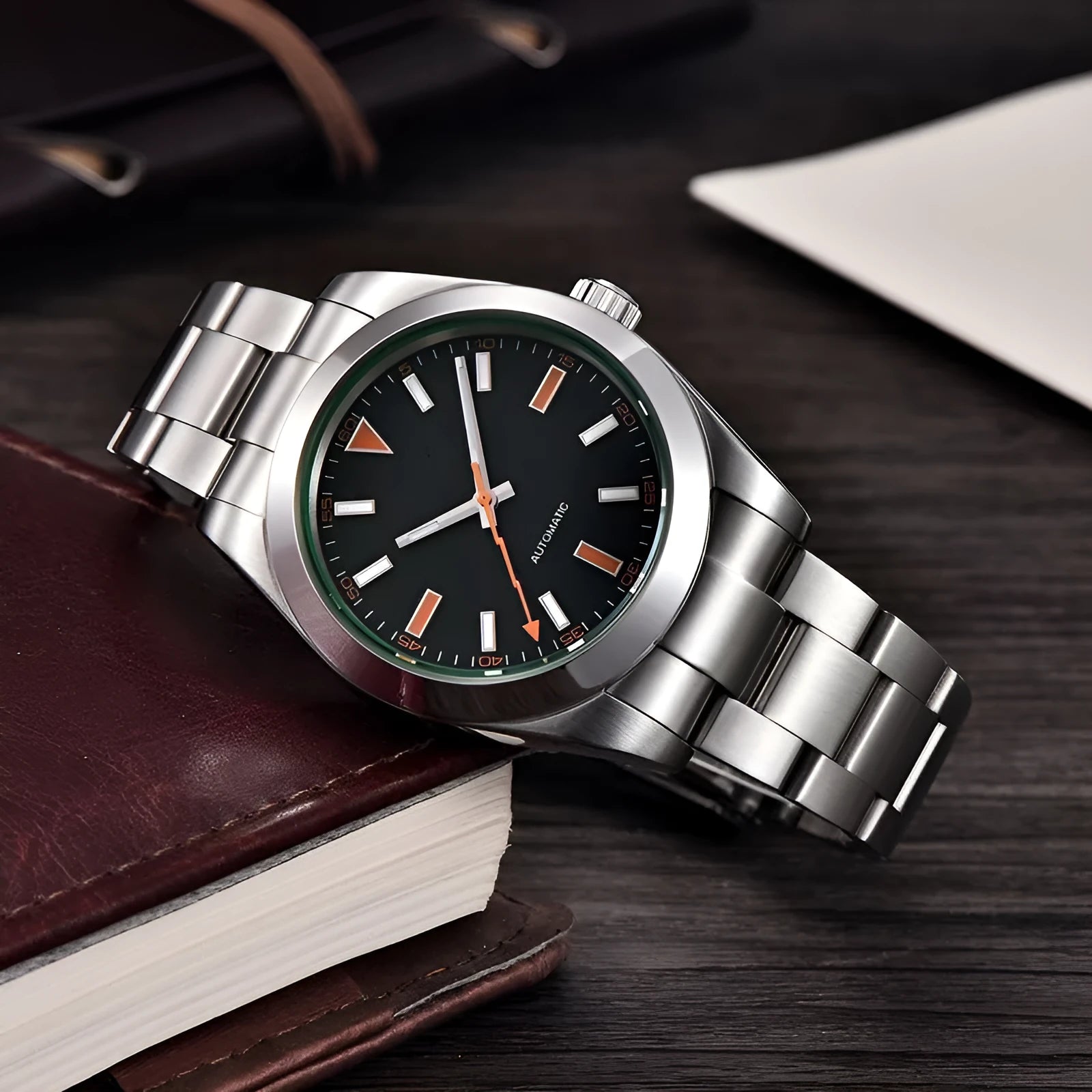 Precision steel men's mechanical watch with black dial, steel bracelet, sapphire crystal mirror, 100m waterproof