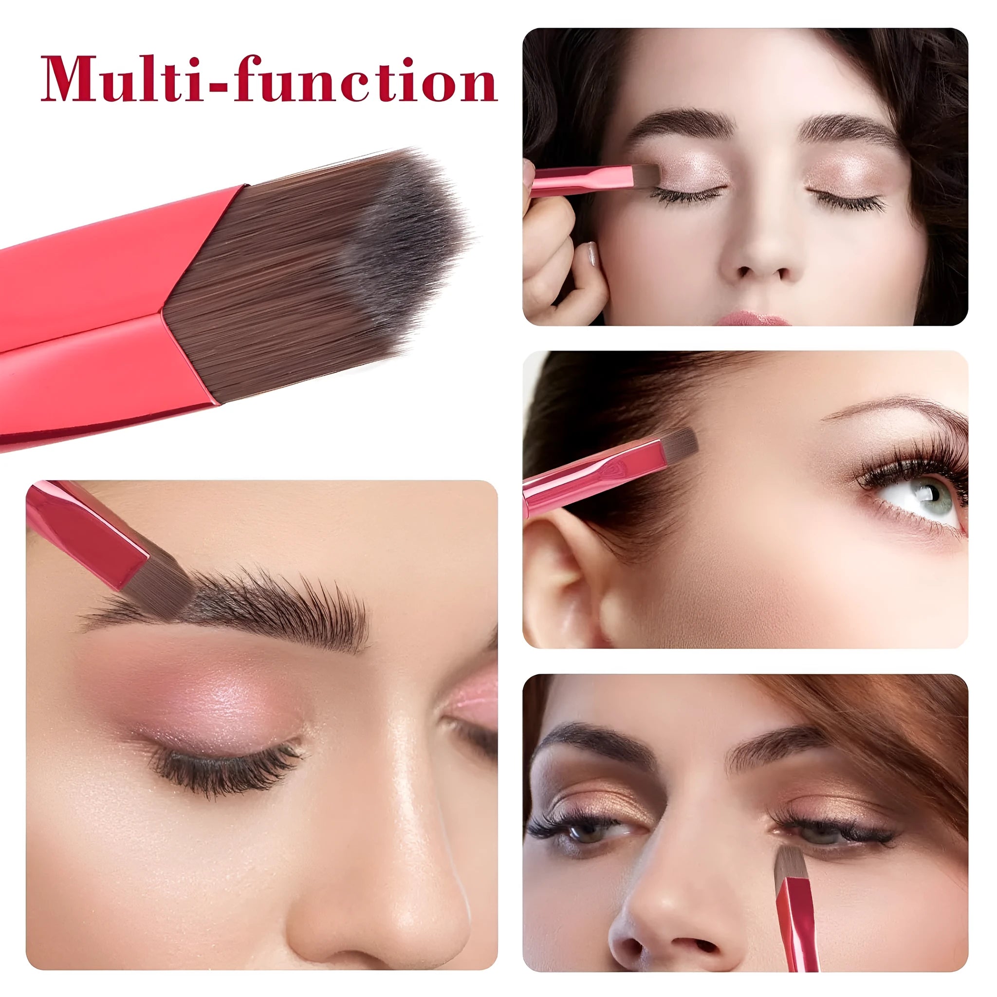 Angled eyebrow brush with square stamp head and brown synthetic bristles for makeup application