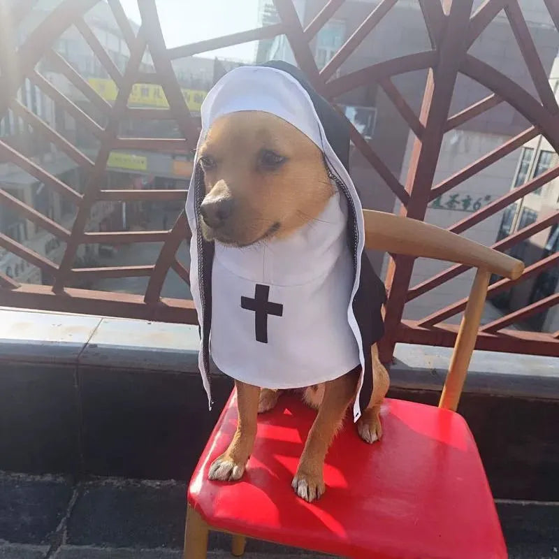 Black and white polyester nun costume cloak for a small dog on Halloween