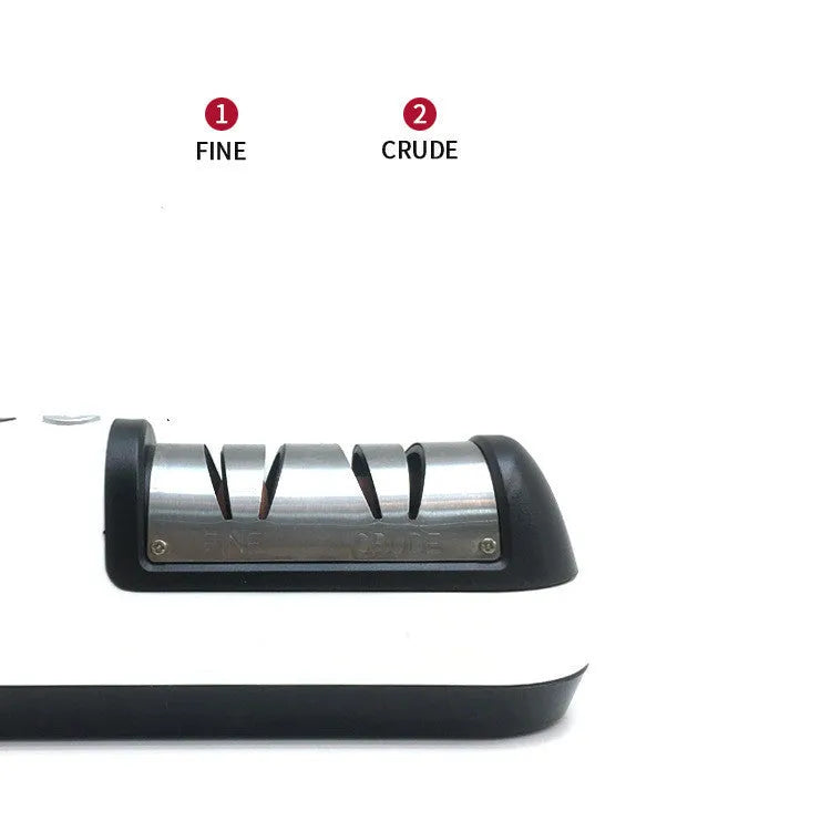 Rechargeable electric knife sharpener with ABS stainless steel body, USB charging port, compact size 20x6.3x7cm, black colour