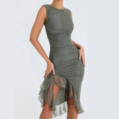 Sleeveless mini dress in solid colors, including black, army green, and purple, with a flattering bodycon silhouette and collage-inspired splicing detail.