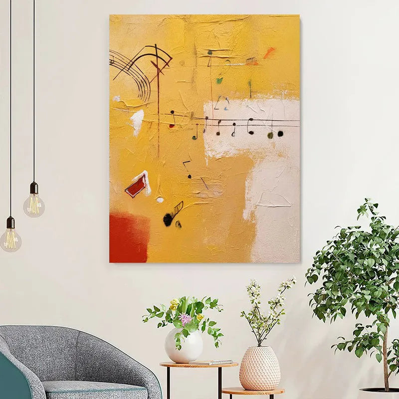 Hand painted musical abstract orange oil painting on canvas, frameless rolled wall art for living room decor