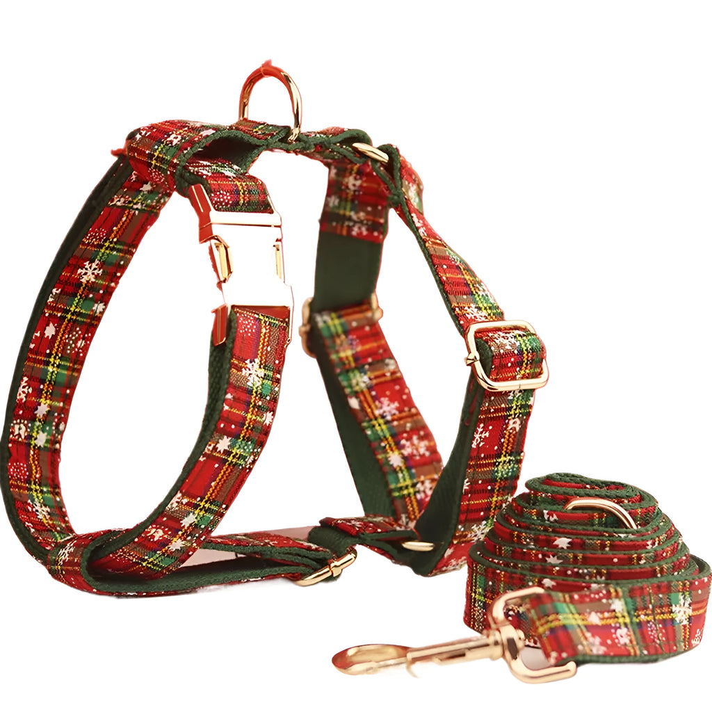 Green background snowflake Christmas pet collar set with matching dog vest and leash