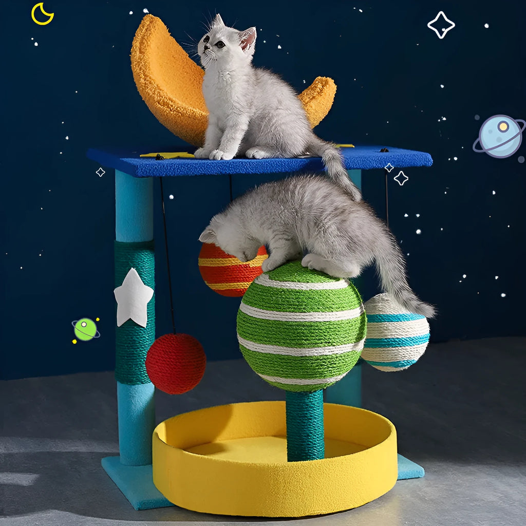 Star cat climbing frame with shelf, cat nest, and small tree in teddy velvet and sisal, cartoon style.