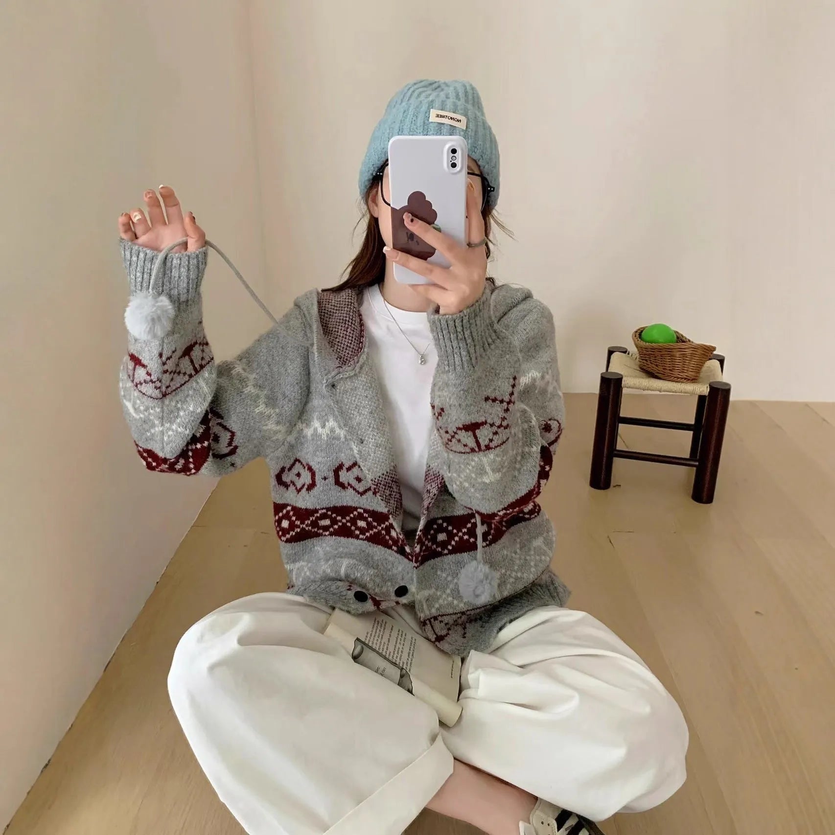 Beige geometric pattern brocade sweater coat for women, loose fit with long sleeves.