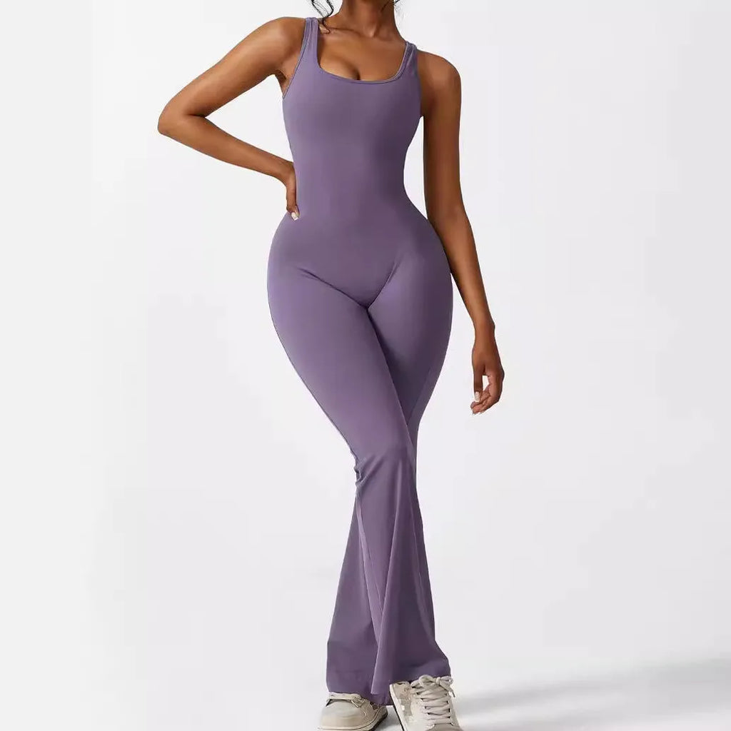 Women's sleeveless flare jumpsuit for yoga in army green colour