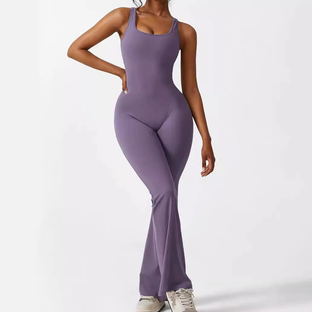 Women's sleeveless flare jumpsuit for yoga in army green colour