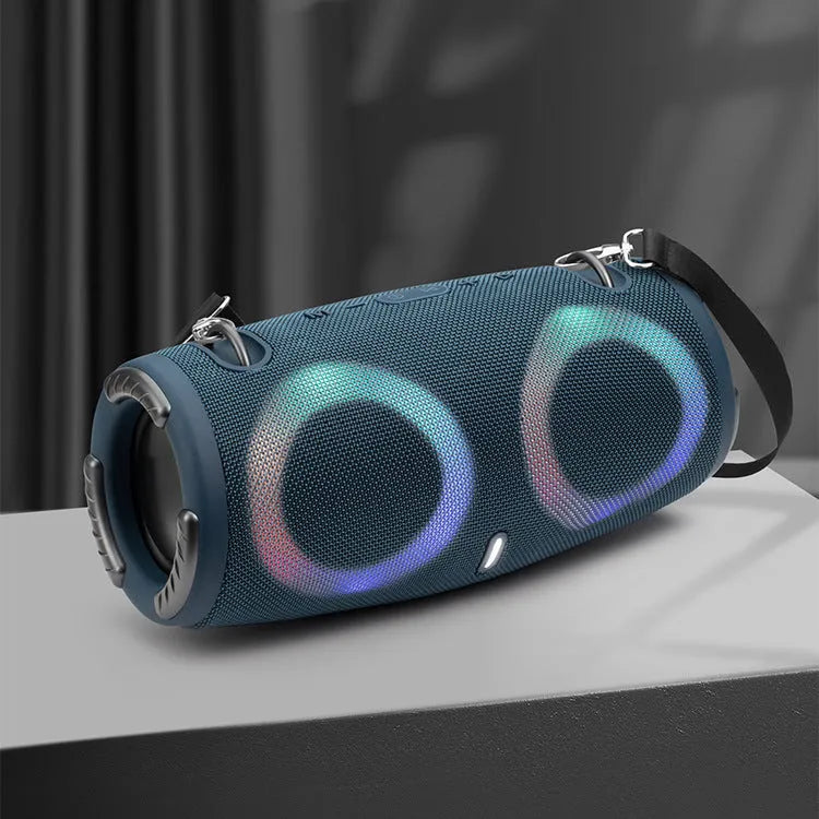 War Drum Bluetooth speaker with RGB coloured lights in black colour with carrying strap