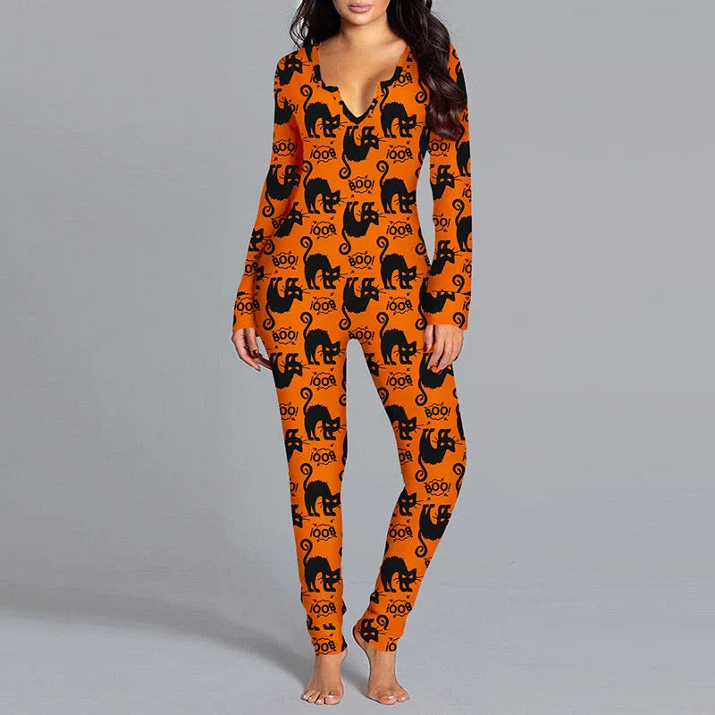 A comfortable and stylish Halloween-themed cotton pajama jumpsuit with long sleeves, available in a variety of festive colors.