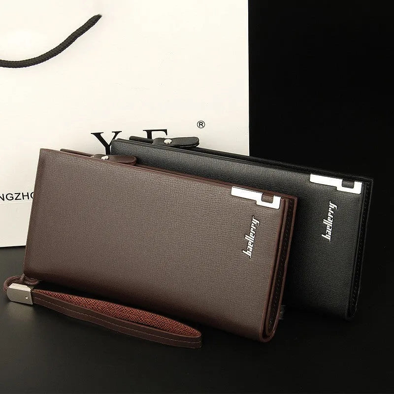 Men's black PU leather bifold wallet with zip compartment open showing card slots and note section