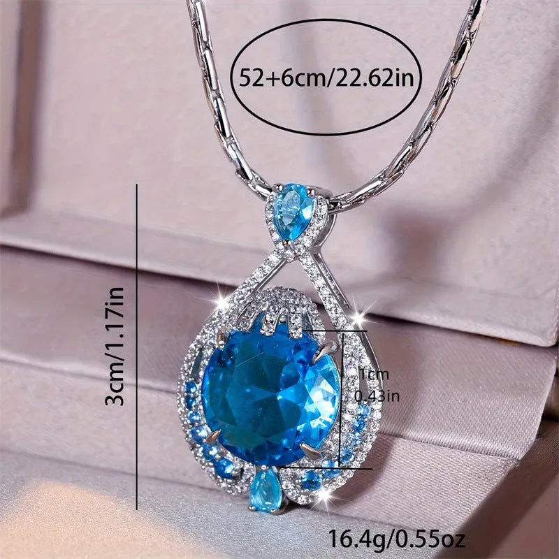 Blue crystal geometric-cut fireworks pendant necklace on water wave chain for women