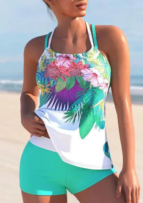 Women's floral print swimsuit with chest pad in purple red colour, two-piece design