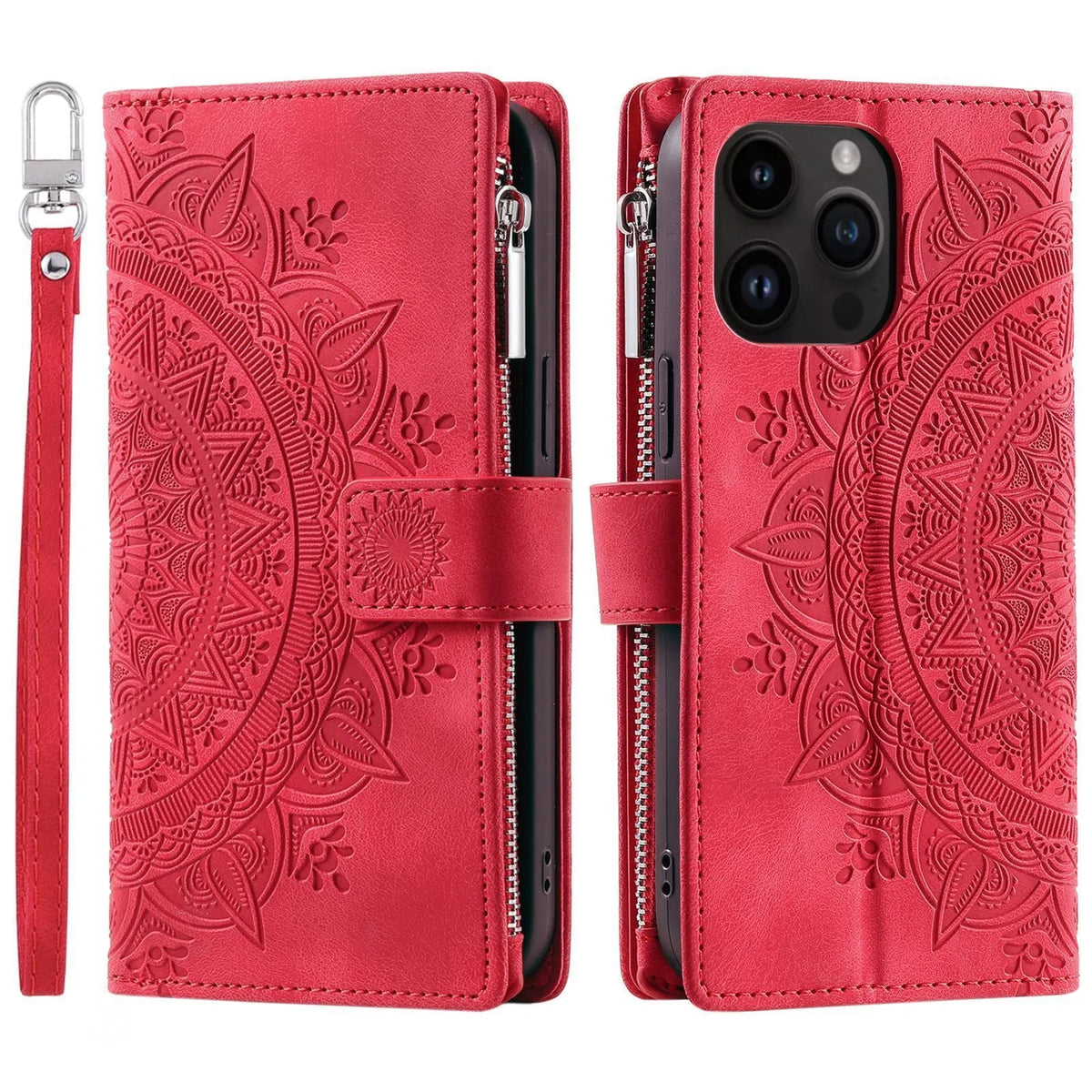 Embossed totem PU leather flip wallet phone case for iPhone with card slots and zipper in black, blue, green, pink, red, or purple.