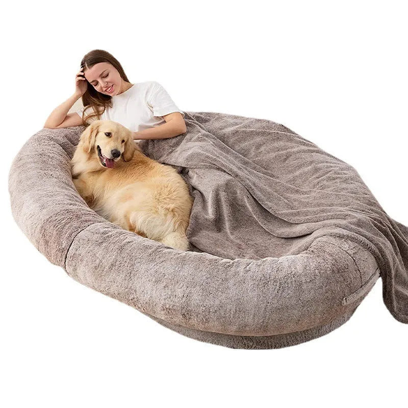Large human short plush dog bed in khaki cloth pet nest with dimensions 135x85x30CM