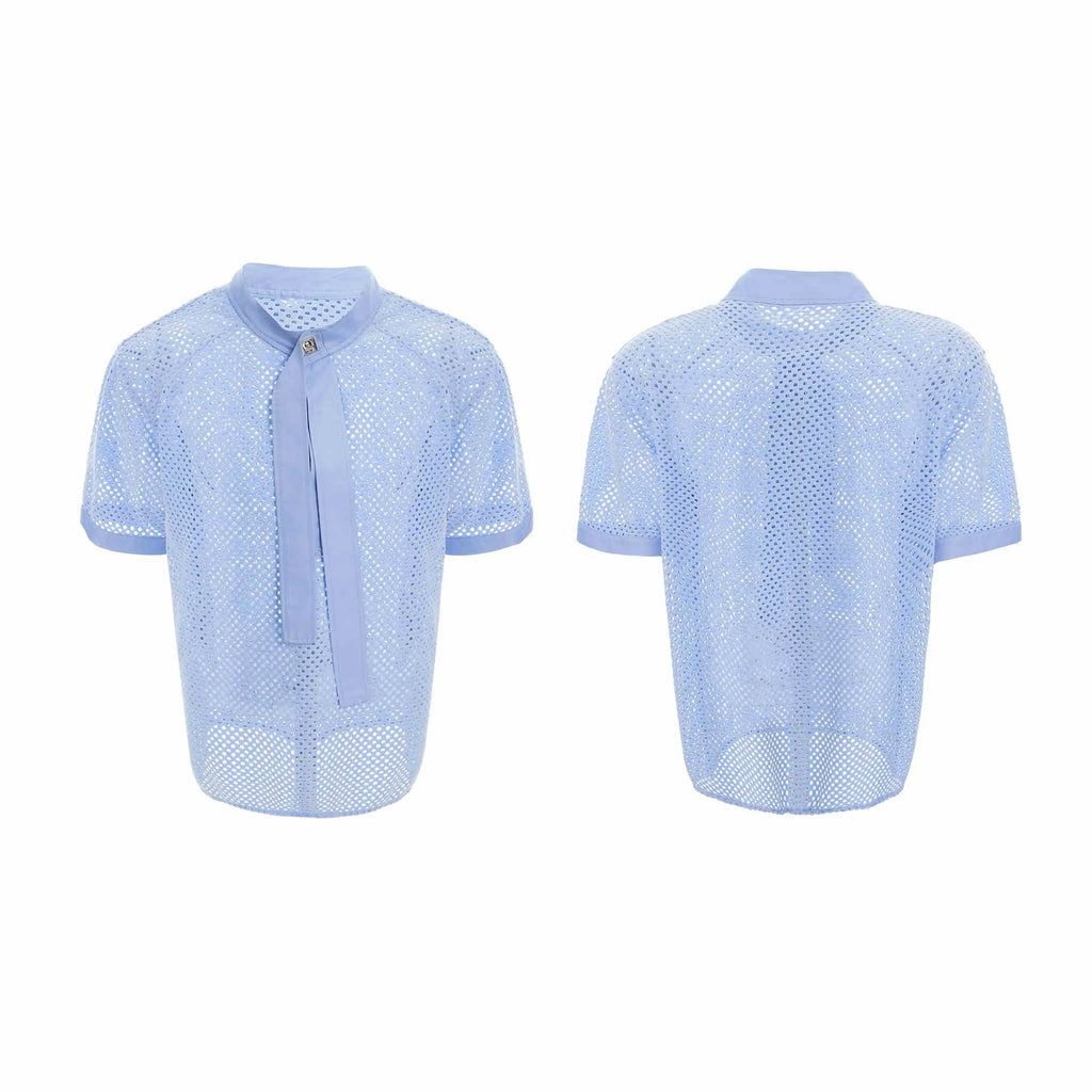 Men's short sleeve T-shirt with tie stitching and metal tassel, loose fit, available in black, white, and blue.