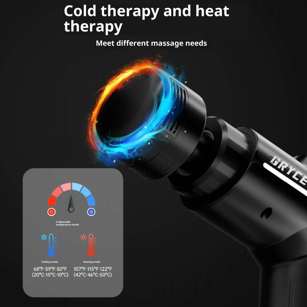 Black hot and cold massage gun with brushless motor, LED screen, dimensions 155x46x170mm