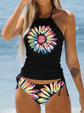 Conservative women's swimsuit with split colourful print design and cartoon patterns