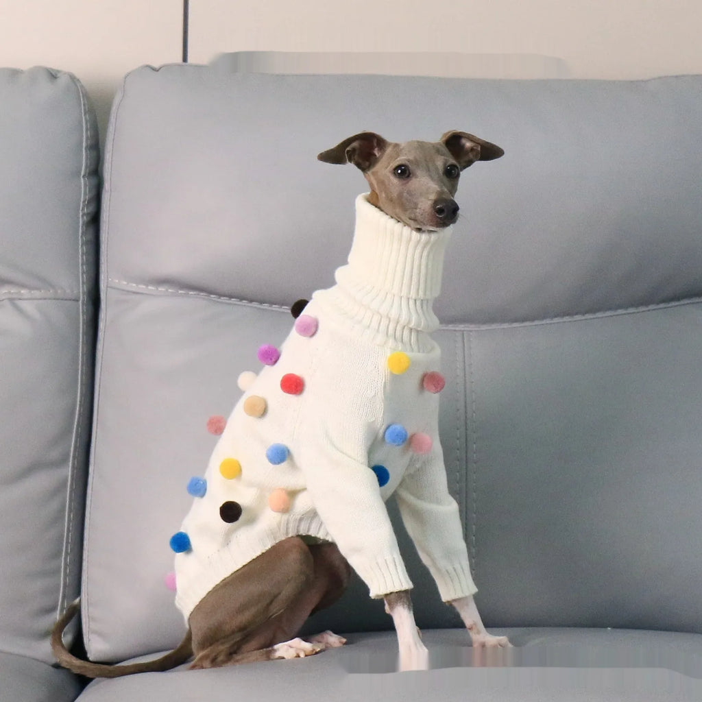 White pom pom Christmas sweater for Italian Greyhound or Whippet, unisex acrylic knit jumper