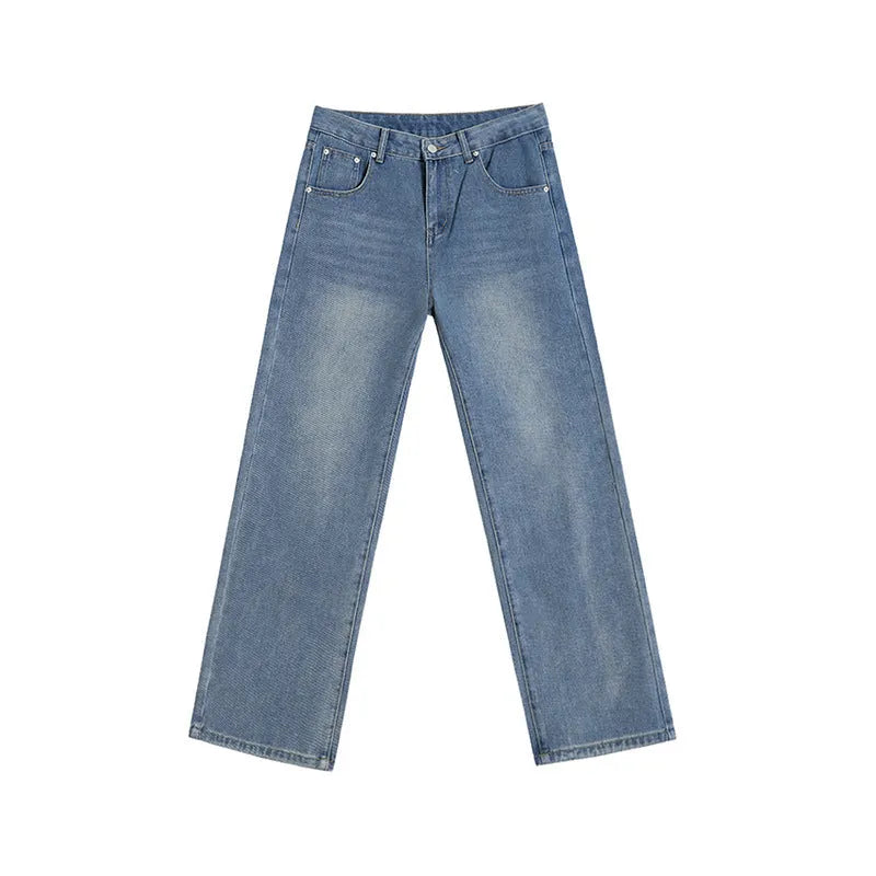 Men's retro washed blue jeans, cotton mid waist trousers, casual leisure pants, sizes M to 2XL