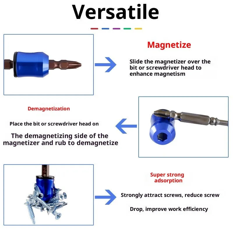 Alloy magnetizing apparatus for hexagonal handle bits and electric drill bits, shown in blue, green, purple, red, or yellow.