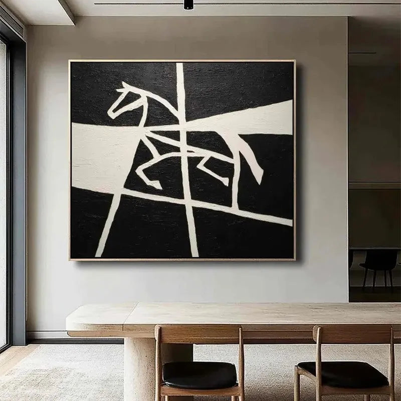 Hand-painted oil painting canvas wall art with black and white horse motif, square modern design, rolled unstretched frameless