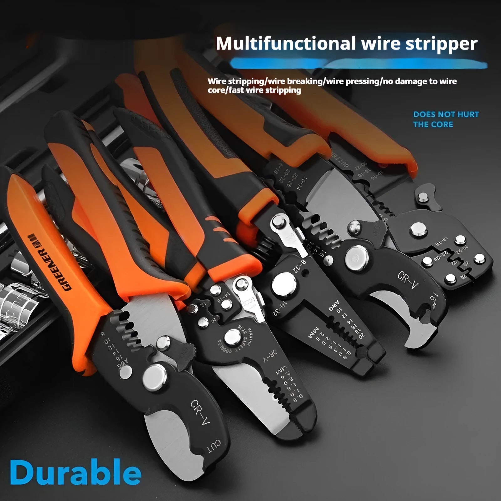 Fully automatic wire stripping pliers tool with a high carbon steel blade on a white background.