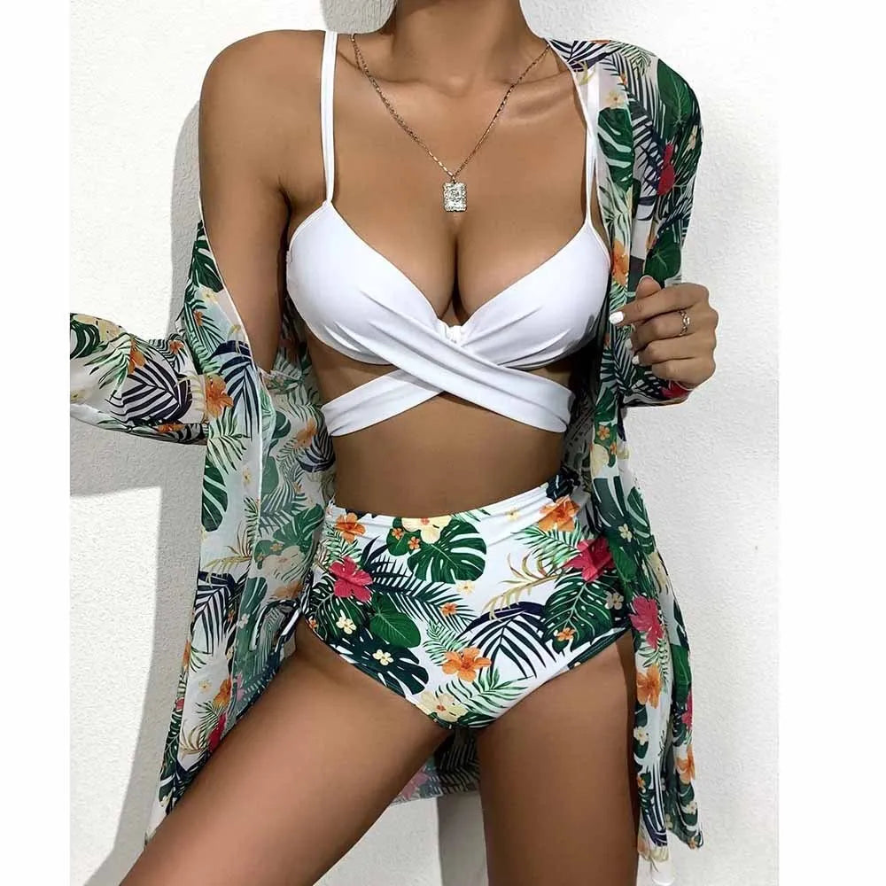 Three-piece mesh split bikini set for women in five colour options, sizes S-XL, nylon spandex fabric