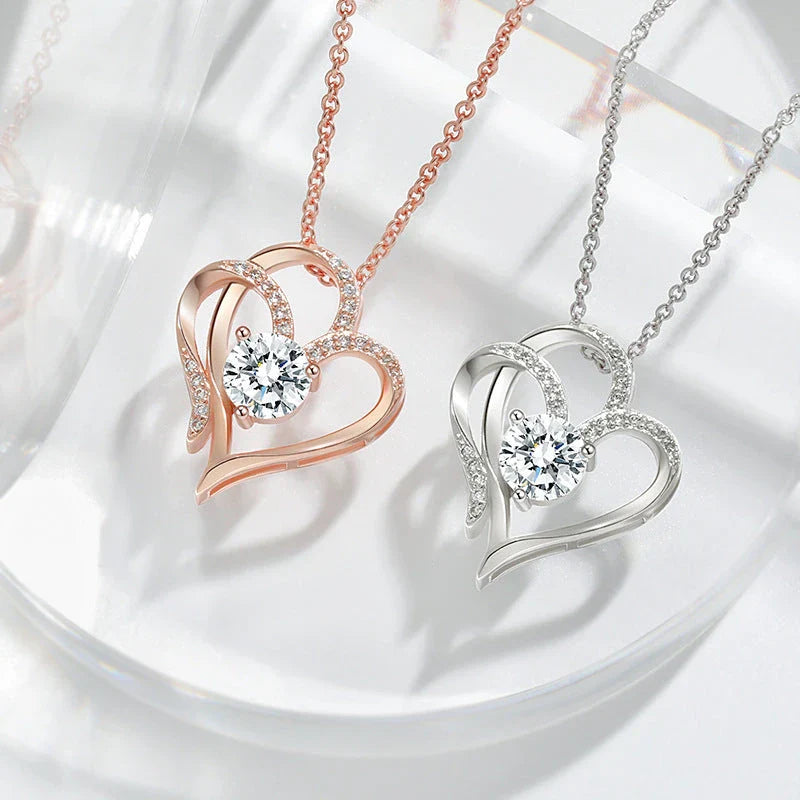 Personalized heart-shaped necklace with sparkling rhinestones, available in white gold or rose gold finishes