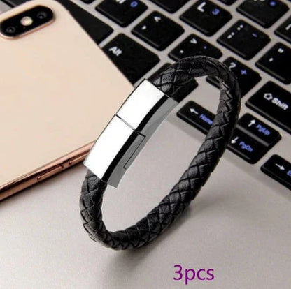 Stylish leather bracelet charging cable for iPhone, Android, and USB-C devices in various colors and sizes