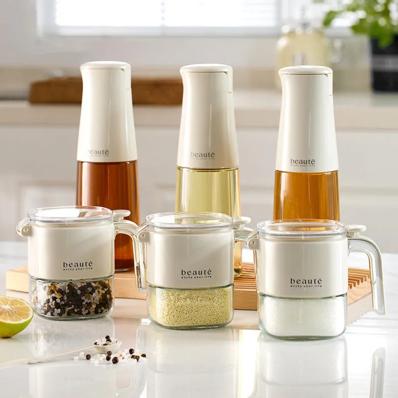 Light luxury pressed sealed glass seasoning can in warm white gray, 9x13.6x10.5cm