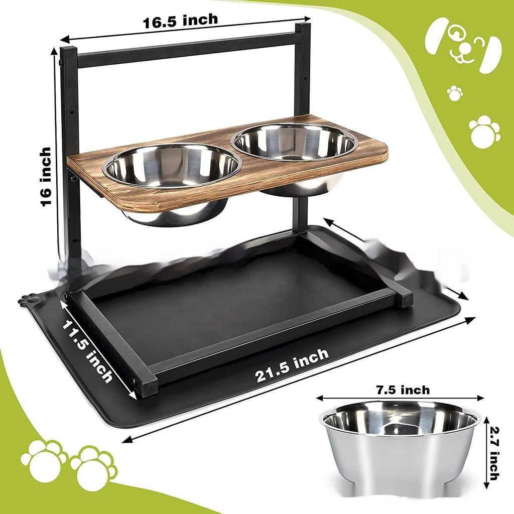 Large black metal dog bowl holder on floor for medium to large dogs.