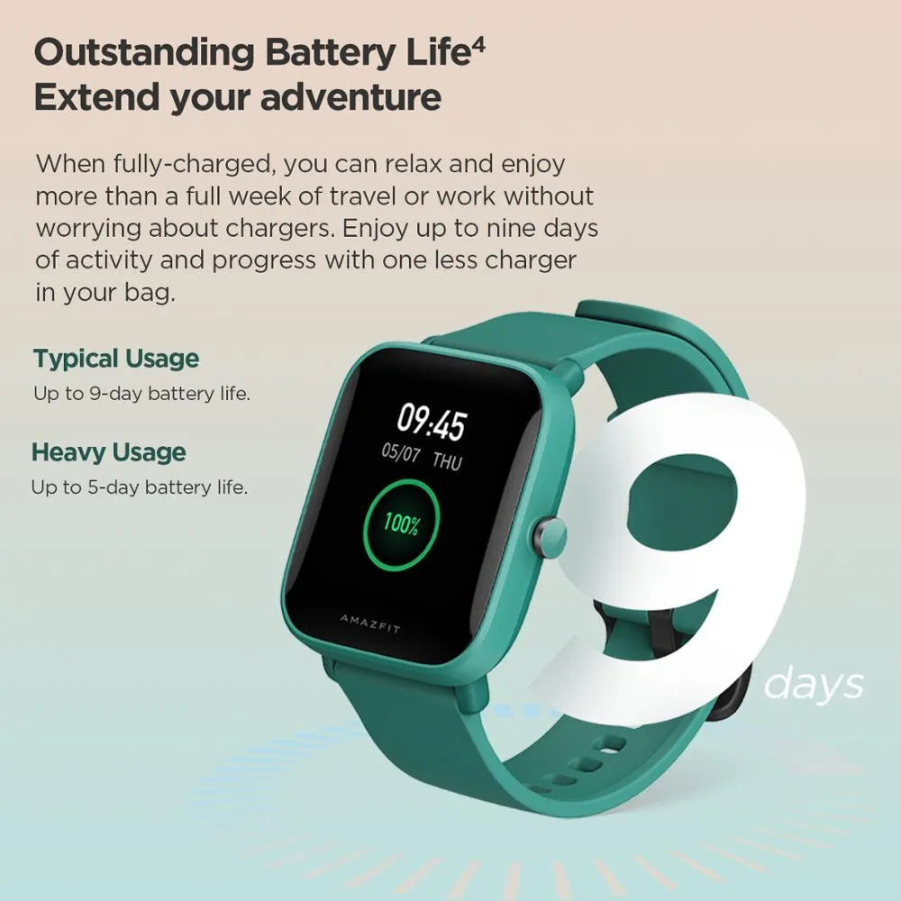 Smart watch with green silicone strap showing colour screen displaying health metrics