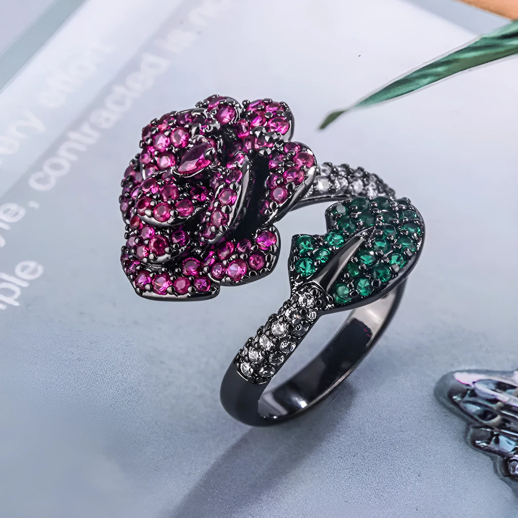 Black gold geometric flower ring with simulated red corundum stone on copper band