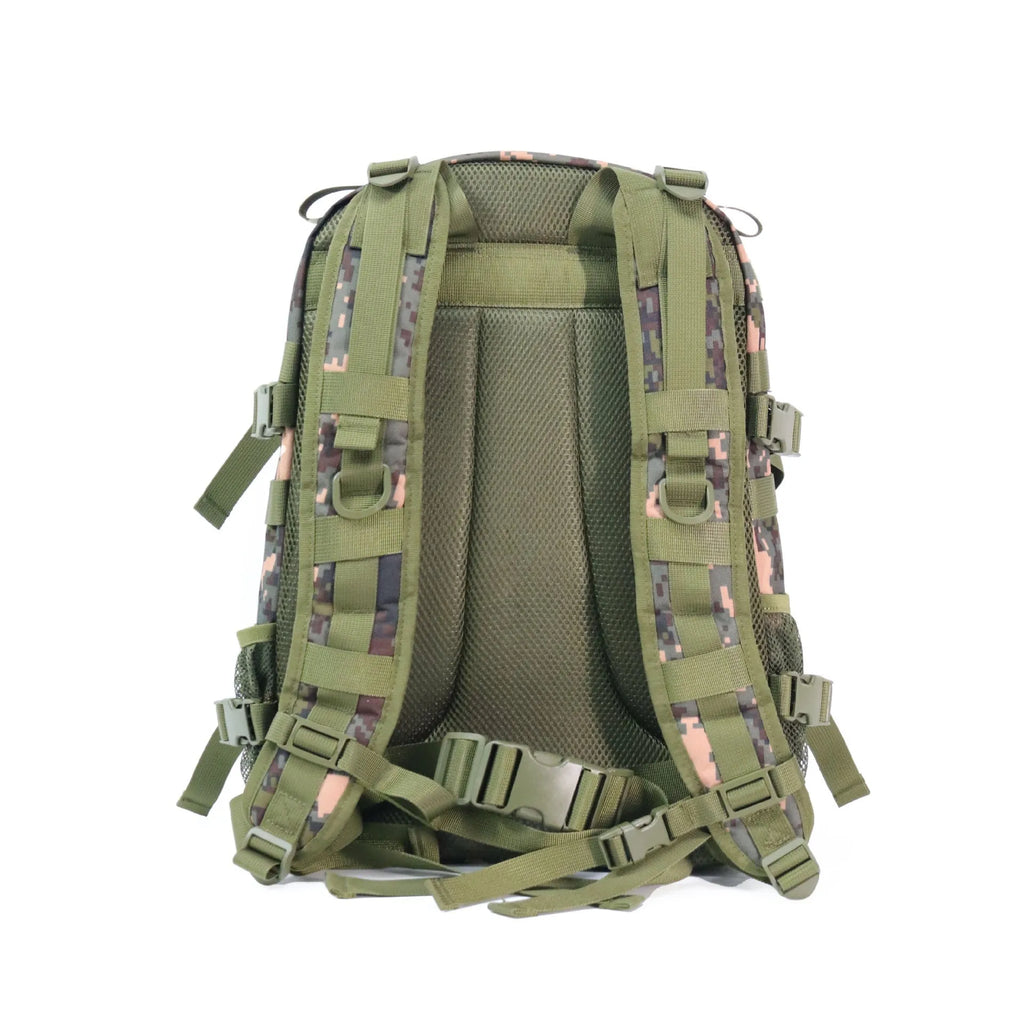 Camouflage waterproof outdoor rucksack with air pillow belt showing 30x15x46cm dimensions