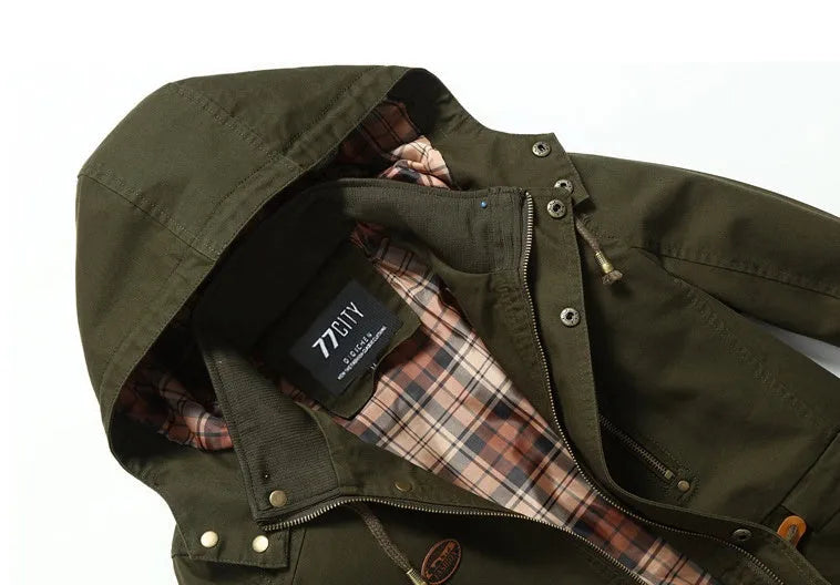 Military style mid length jacket in khaki with cardigan front and polyester fibre fabric
