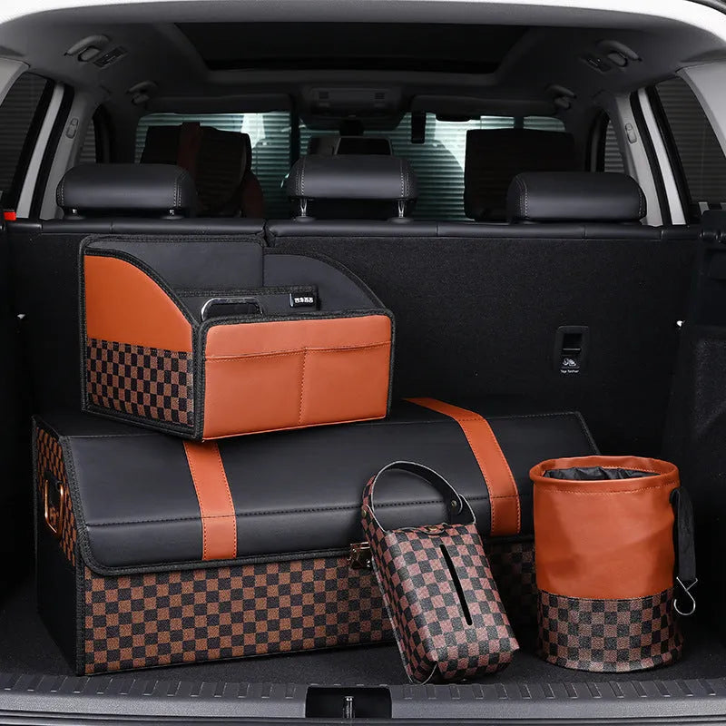 Black retractable leather car trash can with handle shown in folded and expanded states