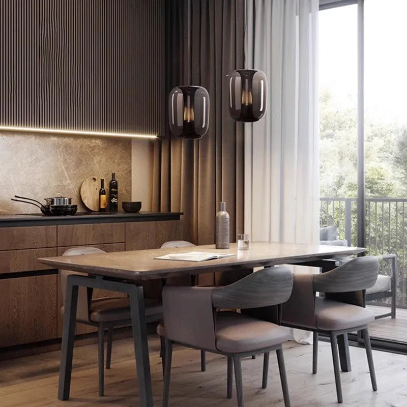 Nordic minimalist chandelier with 16cm diameter shown in transparent, cognac, and smoky grey colour options