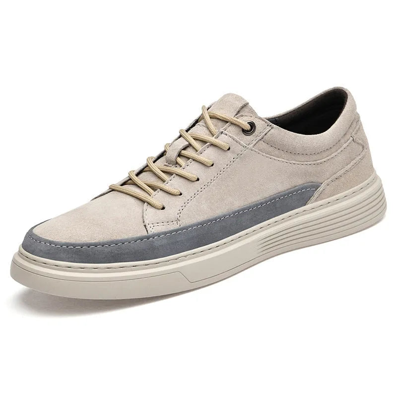 Men's grey casual leather sports shoes with rubber sole and lace-up front