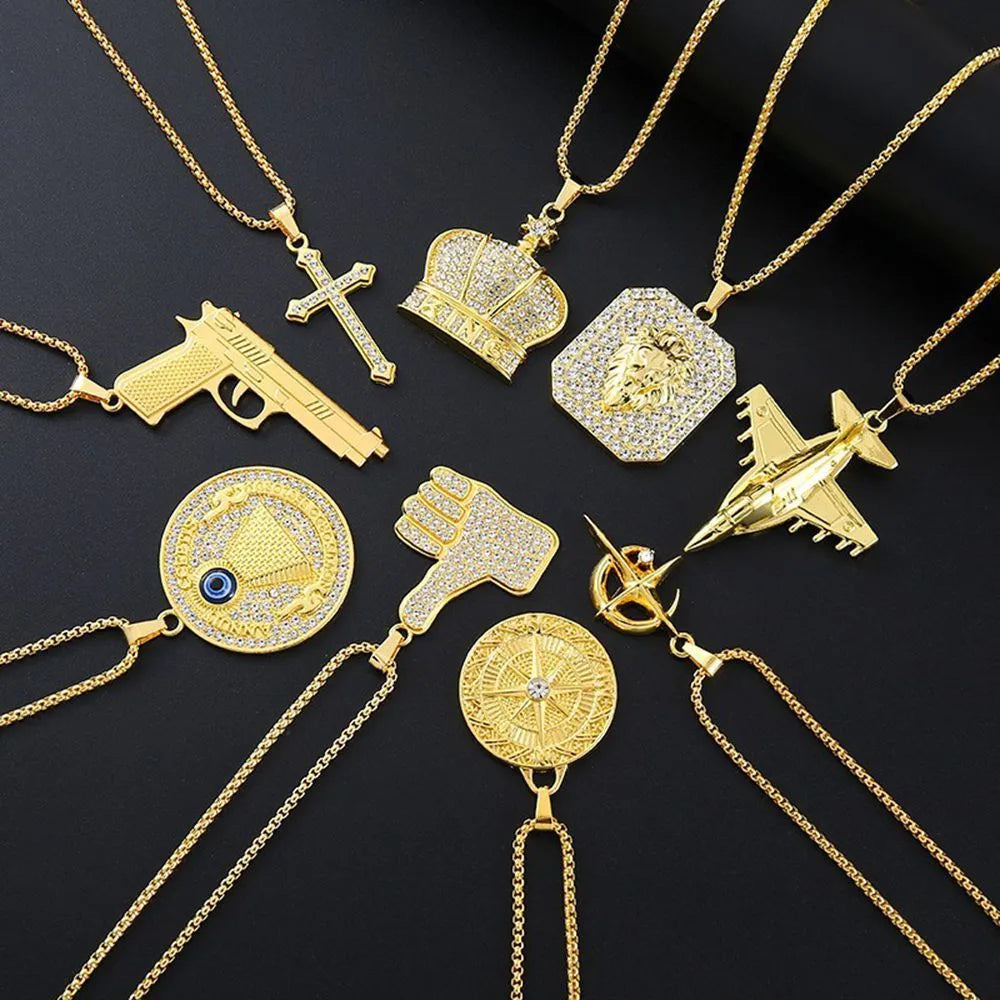 Geometric gold tone alloy necklace for women with an inlaid zircon stone pendant.