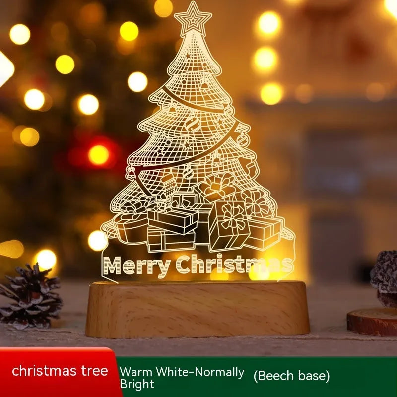 3D acrylic LED decorative lamp with Christmas tree design glowing with warm white light