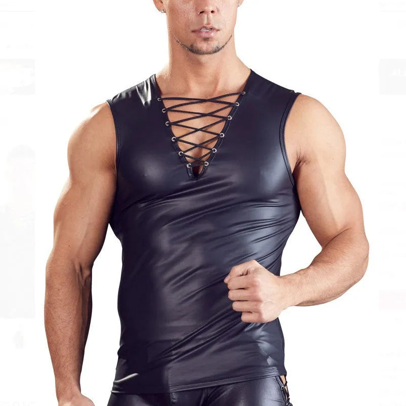 Men's plus size tight fit sleeveless vest in black cotton blend fabric