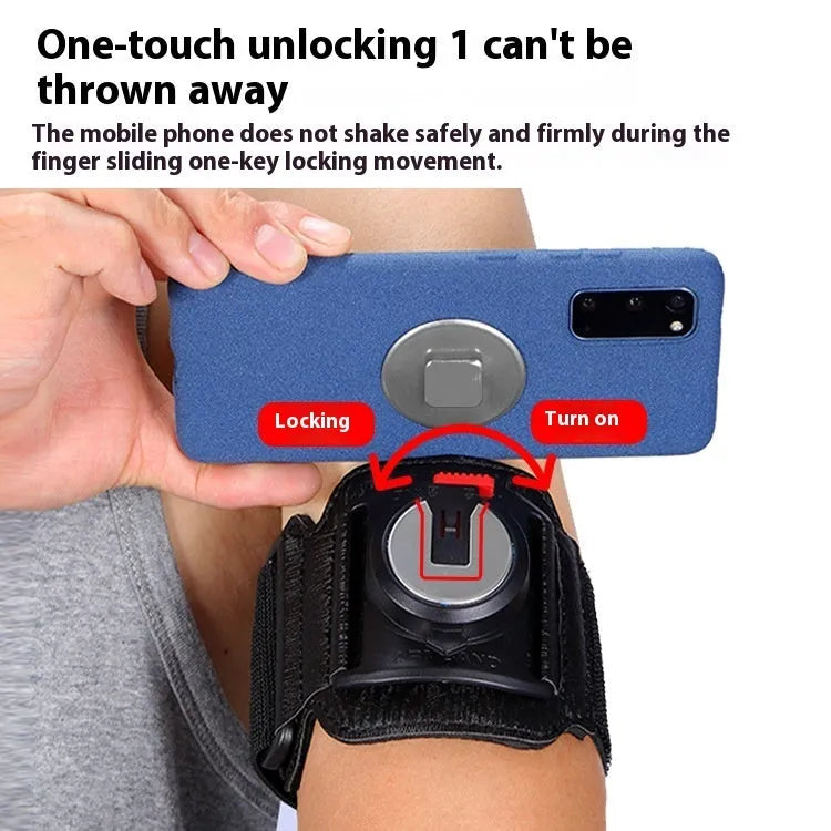 Black mobile phone arm bag with adjustable wrist strap holding smartphone for delivery riding or running