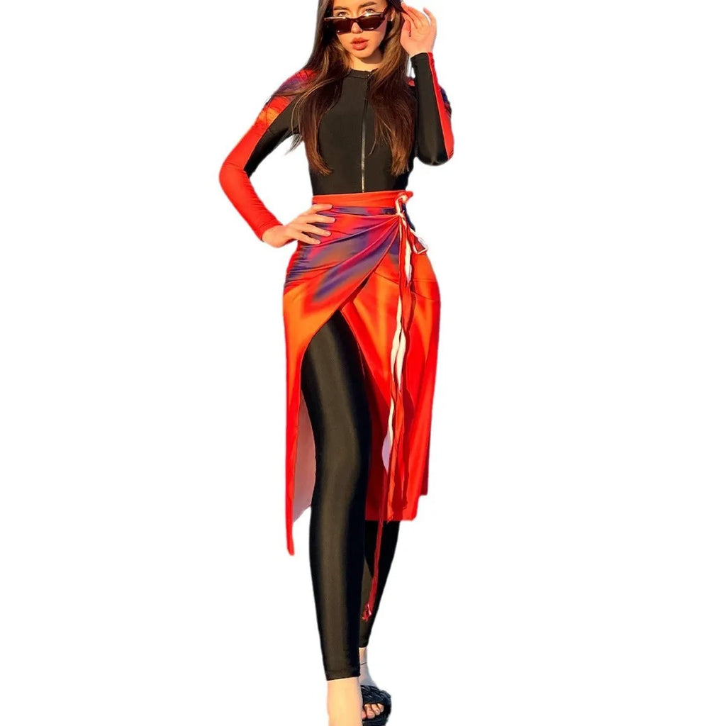 Conservative women's swimsuit three-piece set in colour 427 with traditional pattern design