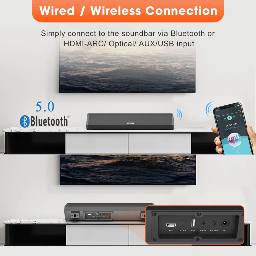Black 40W wall soundbar with remote control, 420mm wide, HDMI and optical inputs for home TV audio