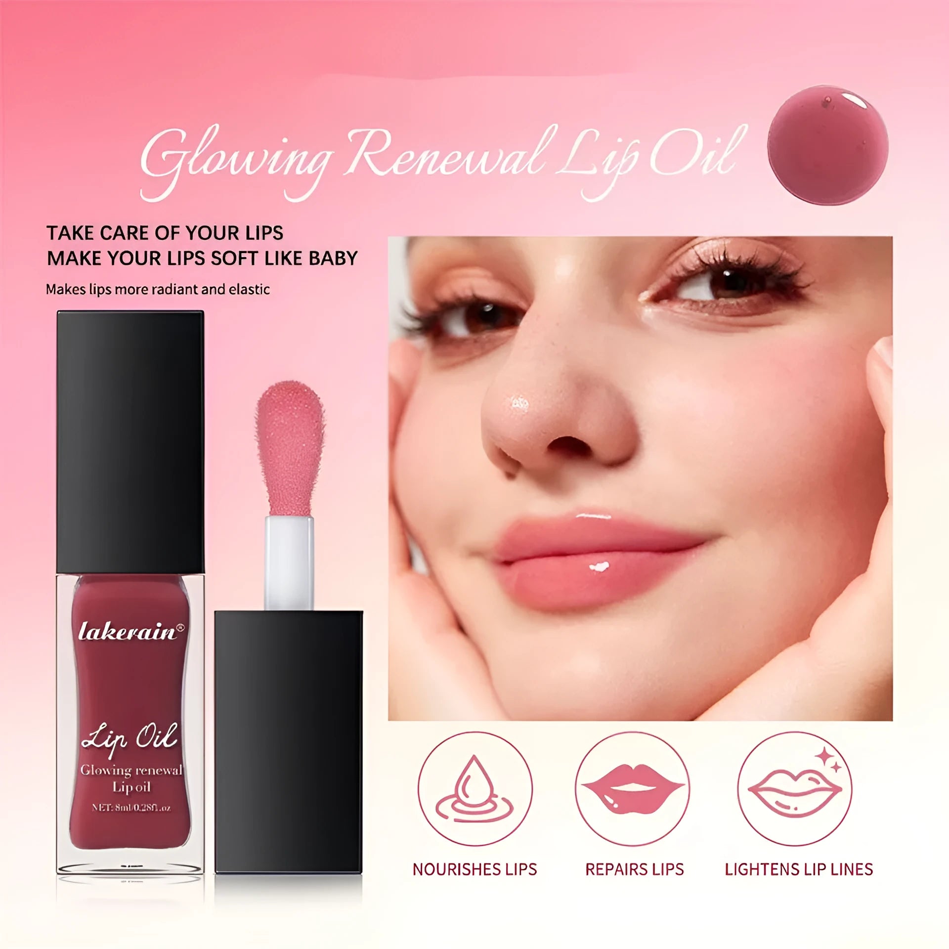 Glow Lip Gloss lip oil tube in 8ml size showing seven shade options